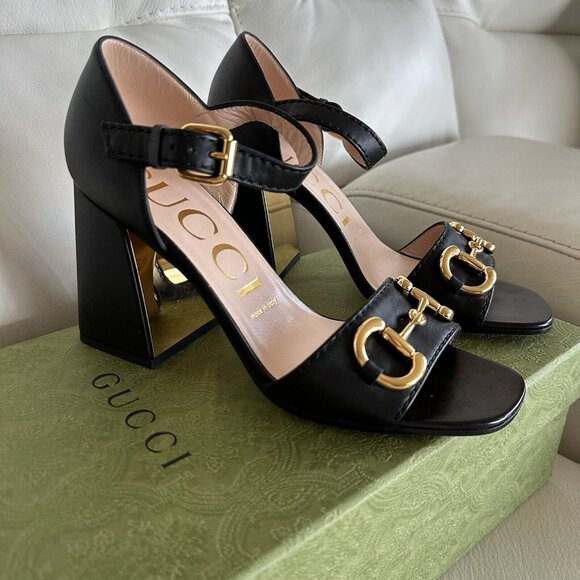 NEW GUCCI JUMBO HEELS HORSEBIT BLACK LEATHER GOLD SZ 38.5 Sandals Shoes - Picture 13 of 13